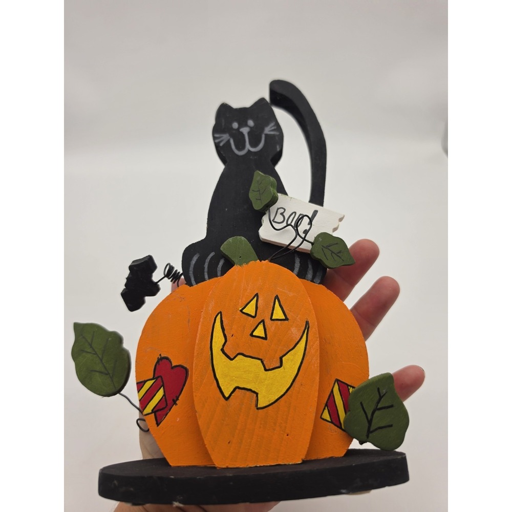Hand Painted Wood Art  Cat with Pumpkin  For Shelf, Desk, or Table Decoration.